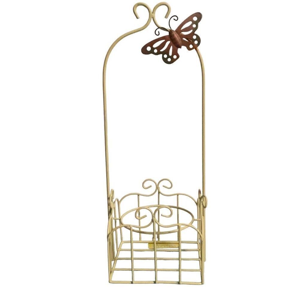 Ivory Metal Free Standing Basket Bottle Holder Plant Stand Butterfly 13” x 4.5”
